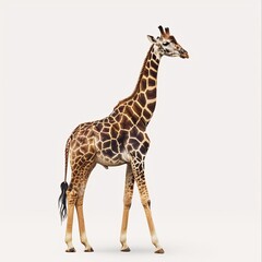 Fototapeta premium A majestic giraffe stands tall, its long neck reaching the sky, with a beautiful mosaic coat and striking blue eyes, showcasing its elegance and grandeur.