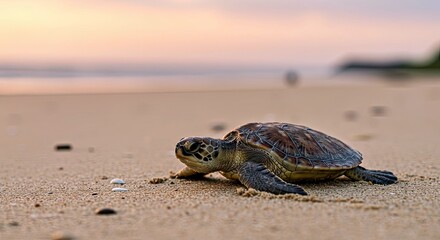 Focused Turtle on Sandy Beach; Close-Up Sea Turtle Art, Coastal Wildlife Portrait