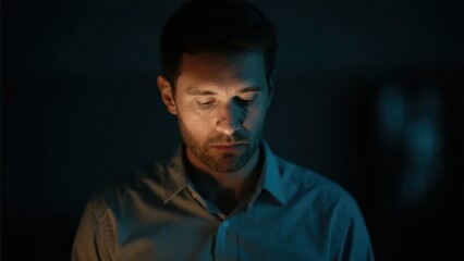 Obraz premium Man in deep thought with a focused gaze, bathed in soft screen glow. A moment of quiet intensity and contemplation.