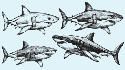 Fototapeta premium Engraved great white shark gliding underwater with dorsal fin visible strong tail and classic predator form