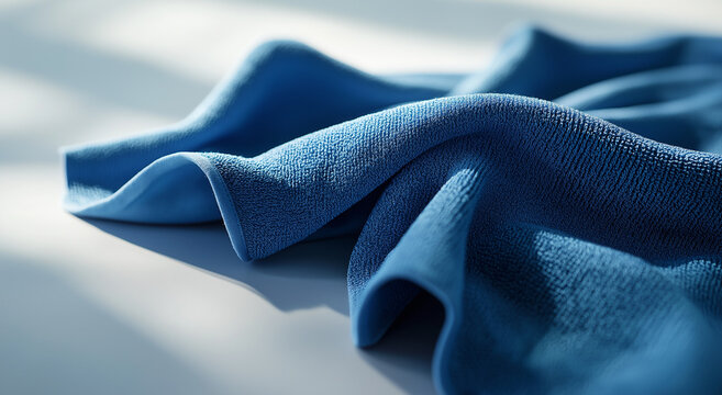 Close-up de toalha de viagem compacta azul com tecido de secagem r&aacute;pida, material leve e absorvente para viagens ou uso externo em superf&iacute;cie branca