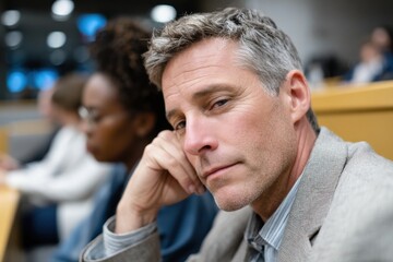 A thoughtful man observes his surroundings in a university classroom, contemplating ideas and interactions amidst a diverse group of individuals.
