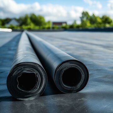 Two rolls of EPDM roofing membrane, differing in size, await installation on a rooftop with a blue sky and distant trees.