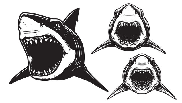 Vintage engraving shark head close-up with open mouth visible teeth and fierce marine predator expression