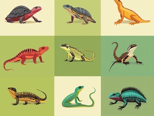 Fototapeta premium Colorful Illustrations of Various Lizards and Reptiles for Learning