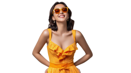Sunshine Radiance: A captivating woman embodies summertime, her radiant smile and stylish sunglasses. Emitting a sense of carefree bliss, and fashion.