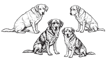 Calm sitting dog engraved in vintage woodcut style showing loyalty stillness and peaceful companion character