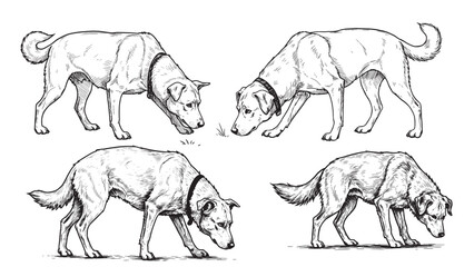 Curious dog sniffing ground engraved in vintage woodcut style expressing instinct focus and movement