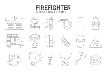 Firefighter line icon set. Editable stroke icons of fire station, hose, extinguisher, ladder, hydrant, truck, alarm, gear, and more. Perfect for safety, emergency, and rescue themes.