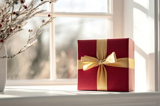 A red gift box with a gold ribbon sits on a windowsill, bathed in sunlight. Wintery decorations are subtly in the background, adding to the festive atmosphere