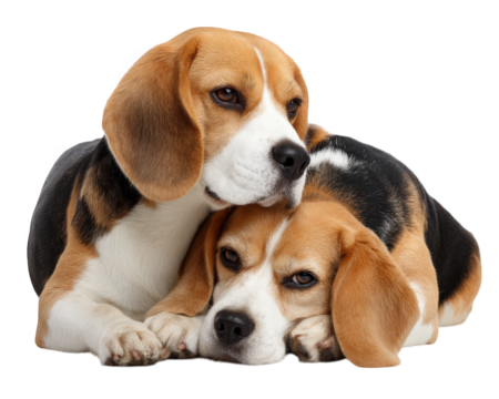 Loving beagle dogs cuddling together, showcasing their affectionate bond and playful nature. Their expressive eyes and soft fur create heartwarming scene of companionship and joy