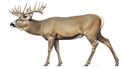 Fototapeta premium A detailed illustration of a large deer with impressive antlers, walking to the right against a white background