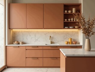 Modern kitchen with terracotta cabinets, white stone countertop, and matte gold hardware. 
