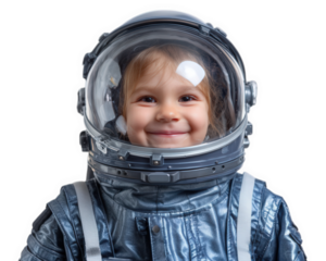 Young boy wearing astronaut suit and helmet smiles brightly, showcasing sense of wonder and adventure. portrait is isolated against transparency background, emphasizing joy of exploration