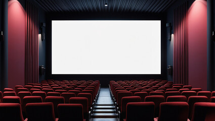 Blank white movie screen in dimly lit cinema with plush rows of seats. Perfect for film advertising, theater branding, or cinematic UI mockups.