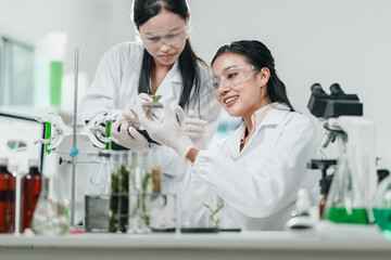 Fototapeta premium Researchers presenting scientific findings in a laboratory meeting, discussing experimental results, data analysis, and innovative discoveries for future science and medical development