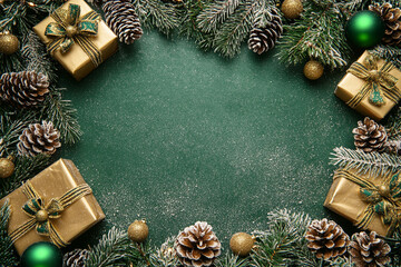 Festive Christmas background green gold presents pine cones ornaments winter holidays