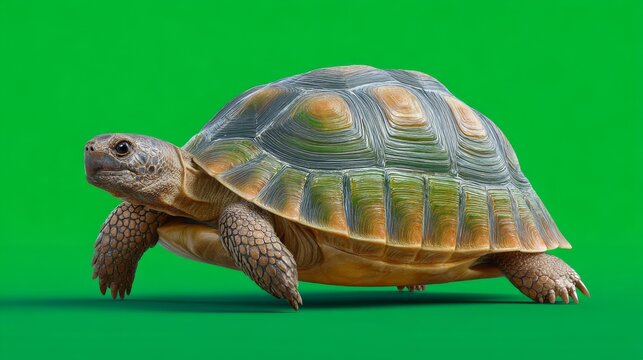 Realistic Turtle Walking Slowly Across a Vibrant Green Background