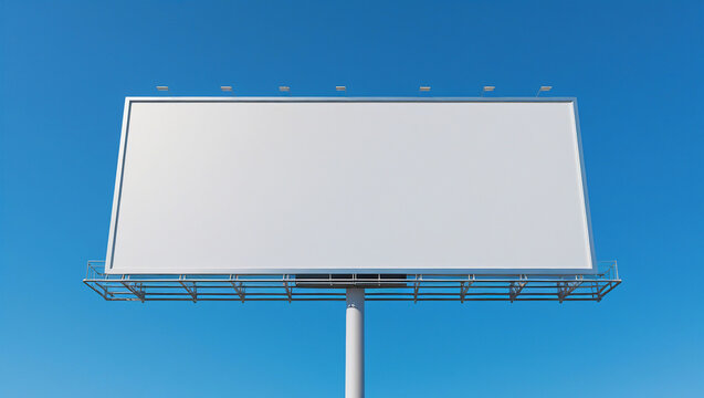 Billboard mockup with white display and sturdy pole set against clear blue sky. Bright lighting highlights sleek structure and minimalistic composition.