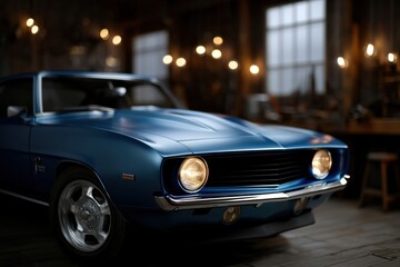 Striking blue car positioned in a dark room offering a stunning visual contrast and emphasis on shape and color in high fidelity capture