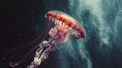 A luminous jellyfish gracefully floats amidst a swirling nebula-like backdrop