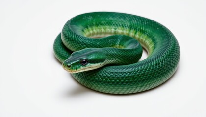 Obraz premium a sleek snake, white background, emerald scales, coiled pose, 4k resolution