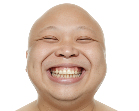 Cheerful bald man with broad smile, showcasing his teeth against plain transparency background. His joyful expression conveys happiness and positivity
