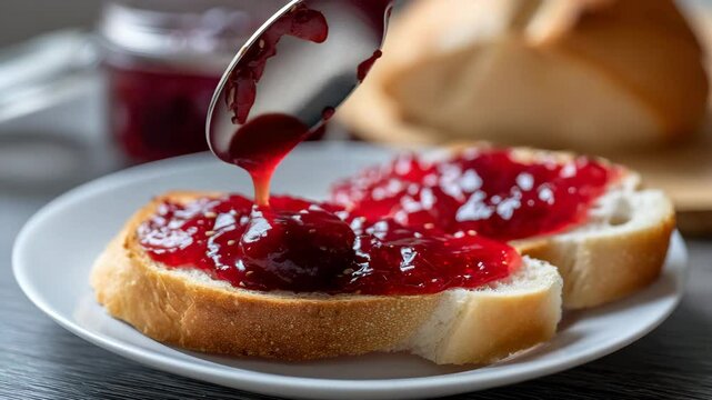 Strawberry jam spread on fresh bread slice with spoon on white plate for breakfast meal
