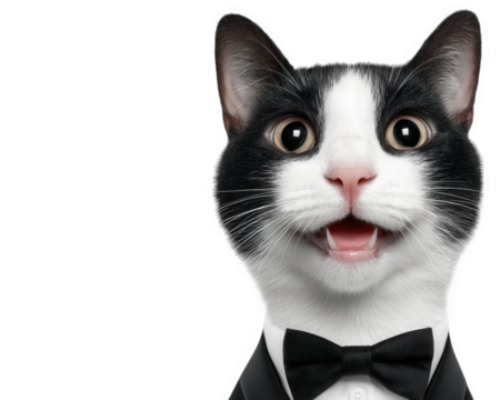 Cheerful American Shorthair cat wearing tiny tuxedo, showcasing playful and charming expression. This adorable feline is ready for special occasion, bringing joy and laughter