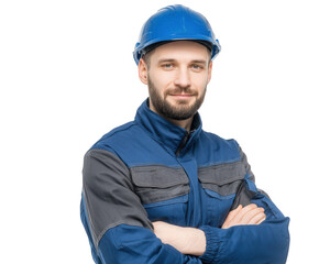 Confident engineer wearing blue uniform and safety helmet, smiling while posing for portrait. image conveys professionalism and readiness in industrial environment