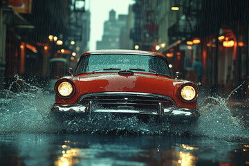 Red car splashing through a rain puddle.