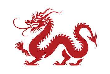 A bold, stylized silhouette of a Chinese dragon in deep red against a white background.