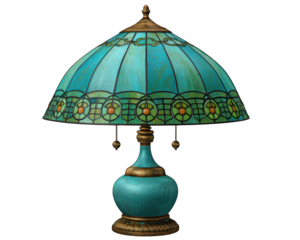 Art deco vintage lamp with geometric design, featuring turquoise shade and intricate stained glass patterns. This elegant piece adds touch of sophistication to any room