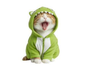 Playful American Shorthair cat wearing green dinosaur costume yawns adorably, showcasing its fun personality and charm. This cute pet outfit adds whimsical touch to scene