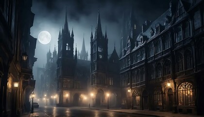 Mysterious gothic architecture under a full moon creates an ethereal and evocative street scene.