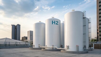Industrial hydrogen storage tanks against a city skyline with a blue sky.