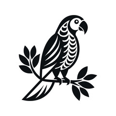 A stylized, black and white silhouette of a parrot perched on a branch with leaves.