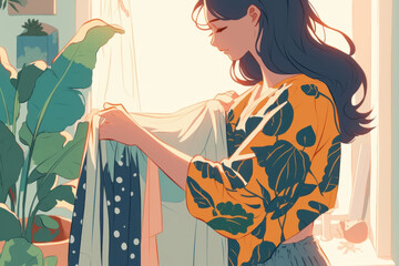 Woman in yellow shirt admires plant.