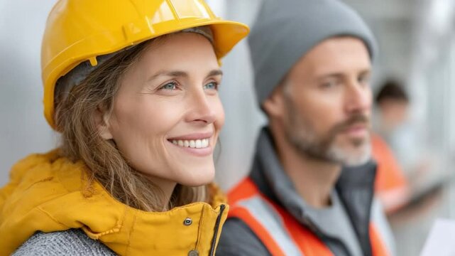 Constructive Outlook: A construction worker with a protective helmet and reflective vest gazes confidently into the distance alongside a colleague, reflecting optimism and industry.