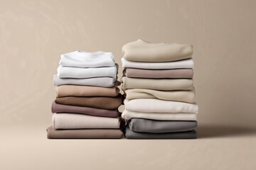 Stacks of folded neutral-toned sweatshirts are displayed on a matching solid backdrop. The sweatshirts are neatly arranged.