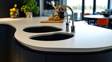Modern kitchen island with integrated double sink, sleek counter, and chrome faucets