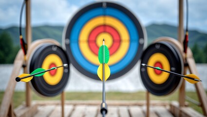 Three arrows striking perfect center in archery
