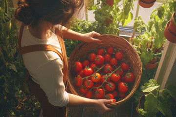 Woman holding basket of tomatoes in greenhouse, plants in background, sunlight filtering through windows.