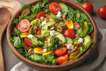 Wooden bowl filled with avocado, tomato, feta cheese, and arugula salad, on a rustic table setting.