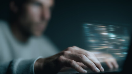 Obraz premium Futuristic Interface: A person interacts with a futuristic interface, working on a holographic projection.