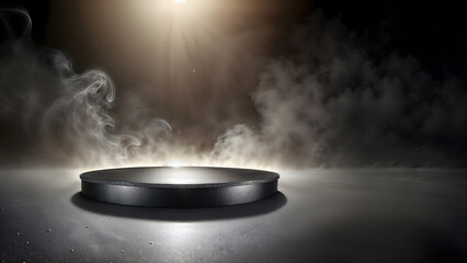 Elevated Presentation, A Product Stand Amidst Dramatic Fog and Smoke,Black background.