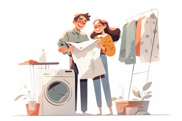 Man and woman by washing machine in laundromat.