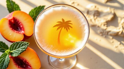 A glass of a drink with a palm tree in the middle of it