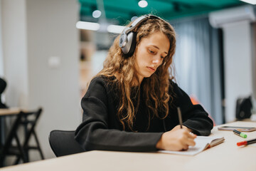 A high school student wears headphones while studying diligently in a classroom. She is focused on...