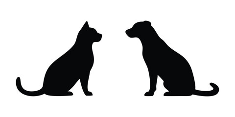 A clean, minimalist illustration showcasing the silhouettes of a cat and a dog, side-by-side, facing each other.